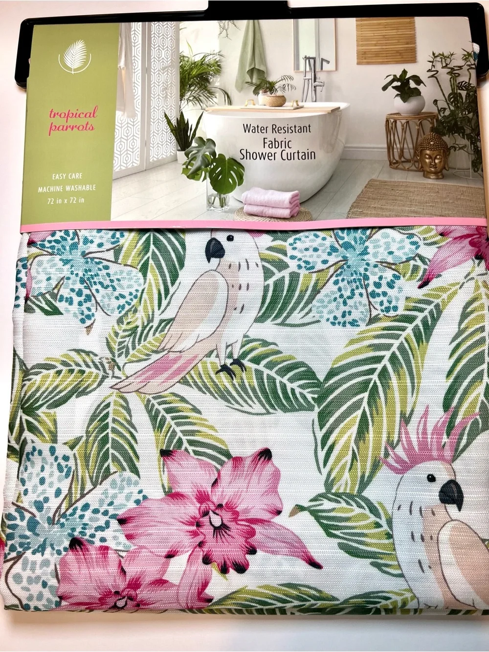 Tropical Parrots Fabric Shower Curtain Pink Blue Green Flowers Leaves Birds